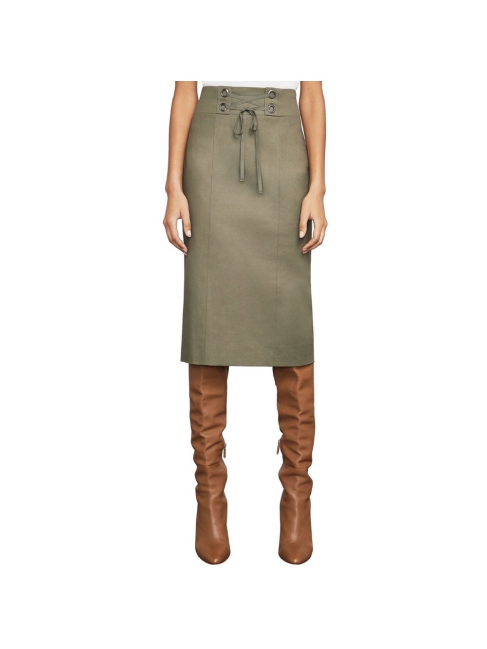 BCBGMaxAzria Olive Lace-Up High-Waist Midi Skirt